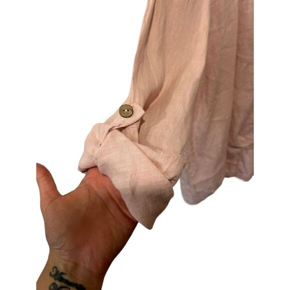 Saga Blush Pink 100% linen Italy Asymmetrical V-Neck Adjustable Cuff Blouse Size - Picture 5 of 16